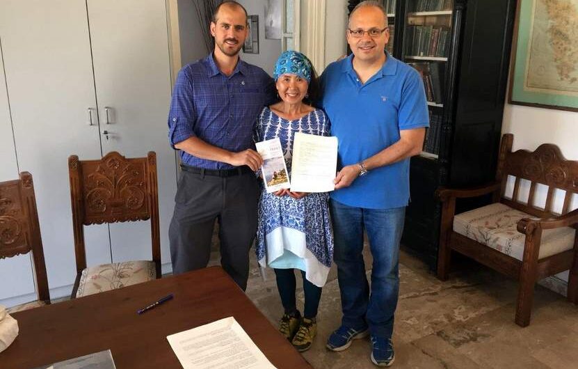 The Mayor of Sifnos Mr Andreas Babounis, Mrs Suh Myong Sook (Jeju Olle Trail) and Mr. Fivos Tsaravopoulos (Path of Greece) after signing the agreement for the Sifnos Trails - Jeju Olle Friendship Trail