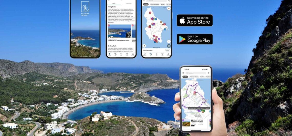 Kythera Trails App mockups with Kapsali bay at the background