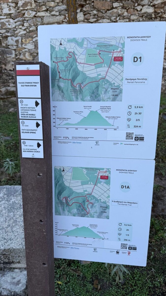 Trail signs for D1 Penteli Panorama and D1A The Marble Trail with map and elevation profile, Dionysos Trails